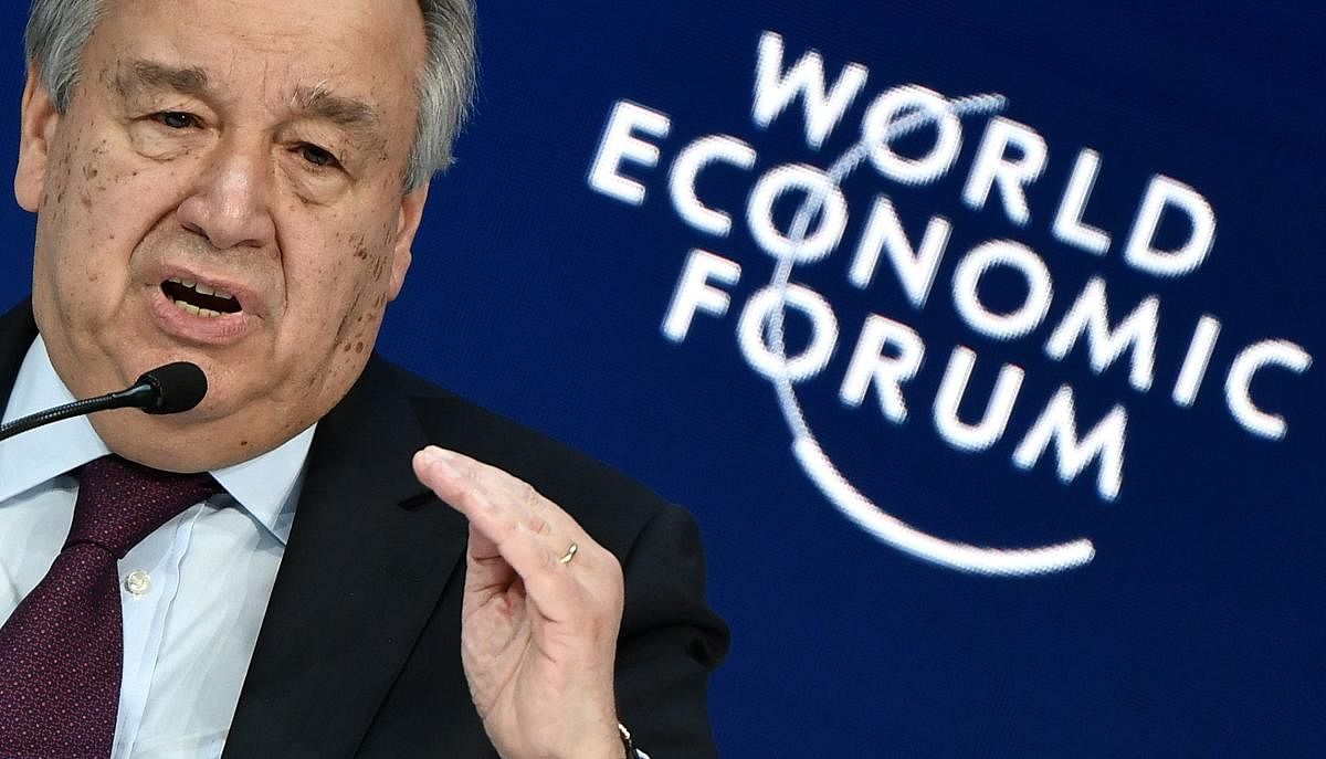 Secretary-General of the United Nations (UN) Antonio Guterres delivers a speech during the World Economic Forum (WEF) annual meeting in Davos. (AFP Photo)