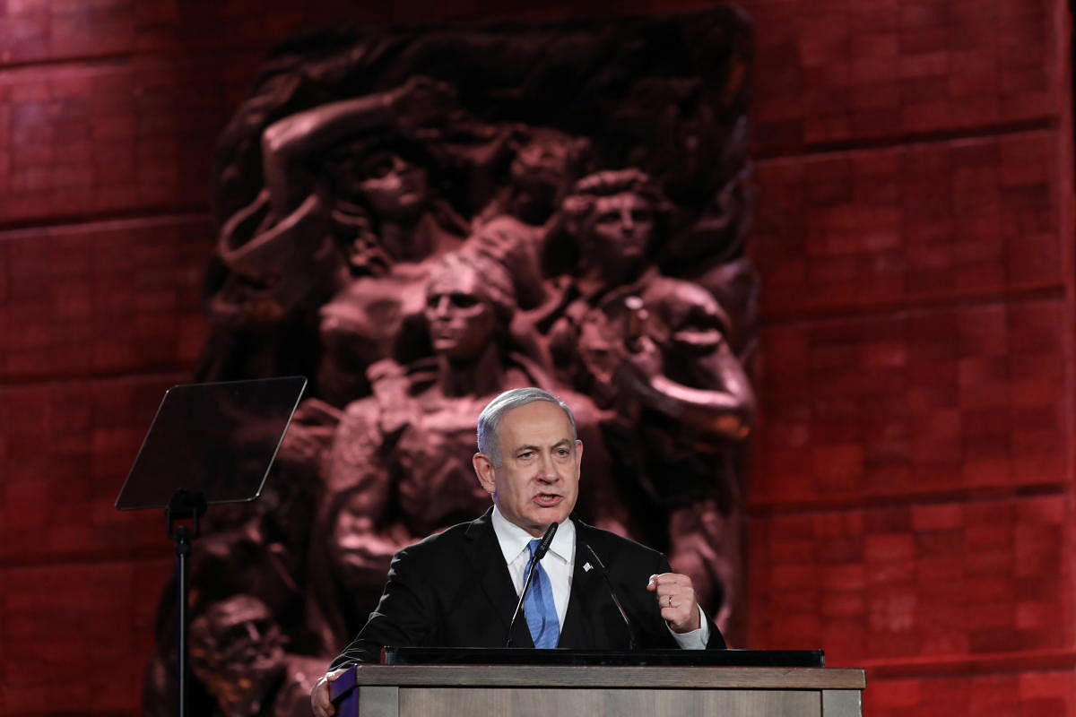Israeli Prime Minister Benjamin Netanyahu speaks at the World Holocaust Forum marking 75 years since the liberation of the Nazi extermination camp Auschwitz, at Yad Vashem Holocaust memorial centre in Jerusalem. Reuters