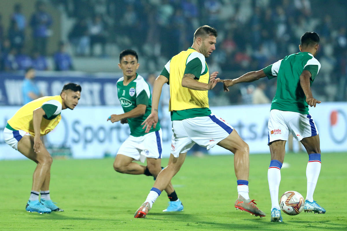 Bengaluru FC players practise before the start of the match 61 of the Indian Super League ( ISL ) between Mumbai City FC and Bengaluru FC held at the Mumbai Football Arena, Mumbai, India on the 17th January 2020. (DH Photo)
