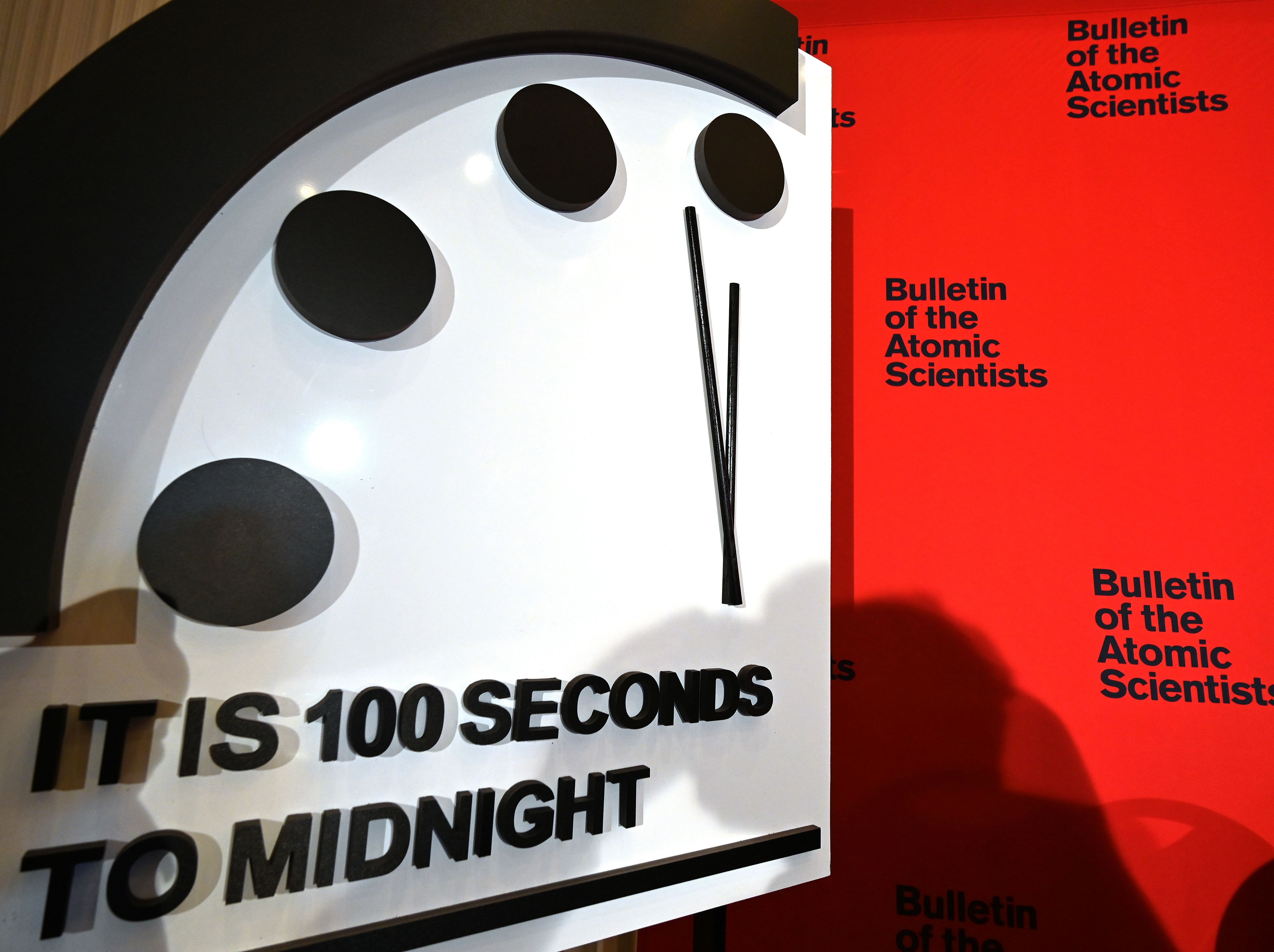 The Doomsday Clock reads 100 seconds to midnight, a decision made by The Bulletin of Atomic Scientists, during an announcement at the National Press Club in Washington. (AFP Photo)