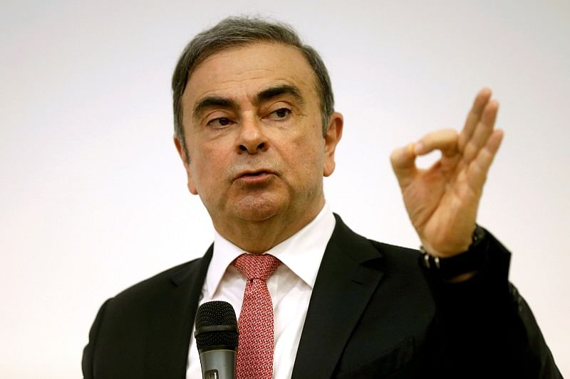 Former Nissan chairman Carlos Ghosn gestures during a news conference at the Lebanese Press Syndicate in Beirut, Lebanon. (Reuters Photo)