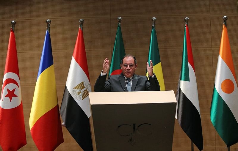 Algerian Foreign Minister Sabri Boukadoum speaks during a news conference after a meeting with foreign Ministers and officials from countries neighbouring Libya to discuss the conflict in Libya. (Reuters Photo)
