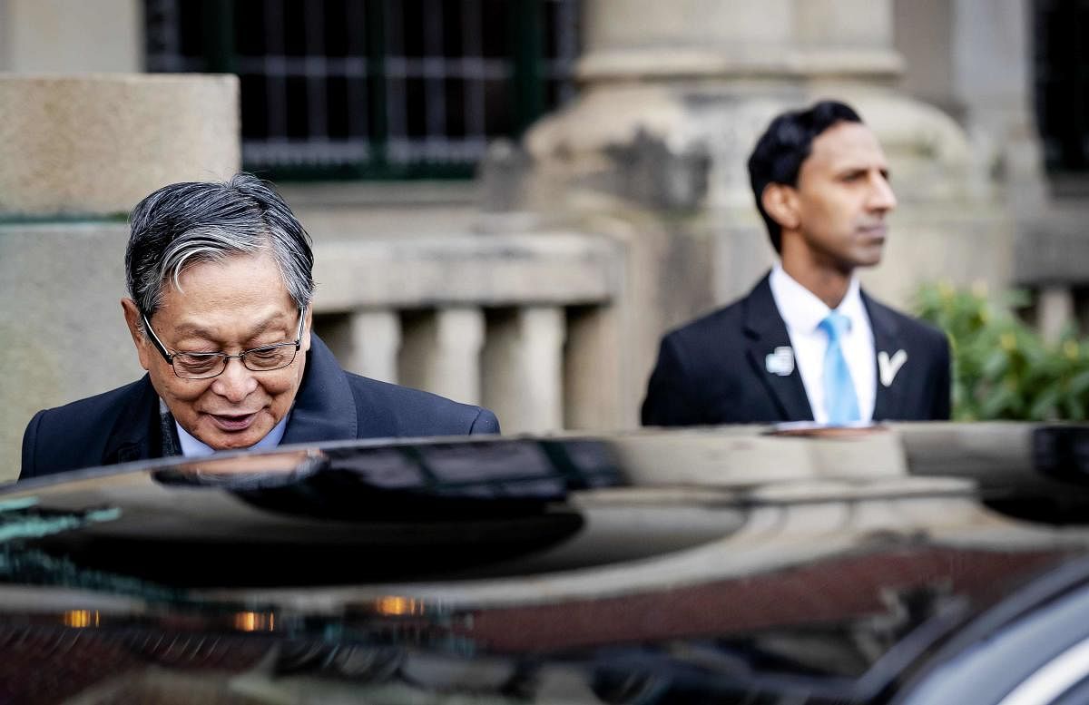 Kyaw Tint Swe, Union Minister of Myanmar, leaves the International Court of Justice in The Hague. (AFP Photo)