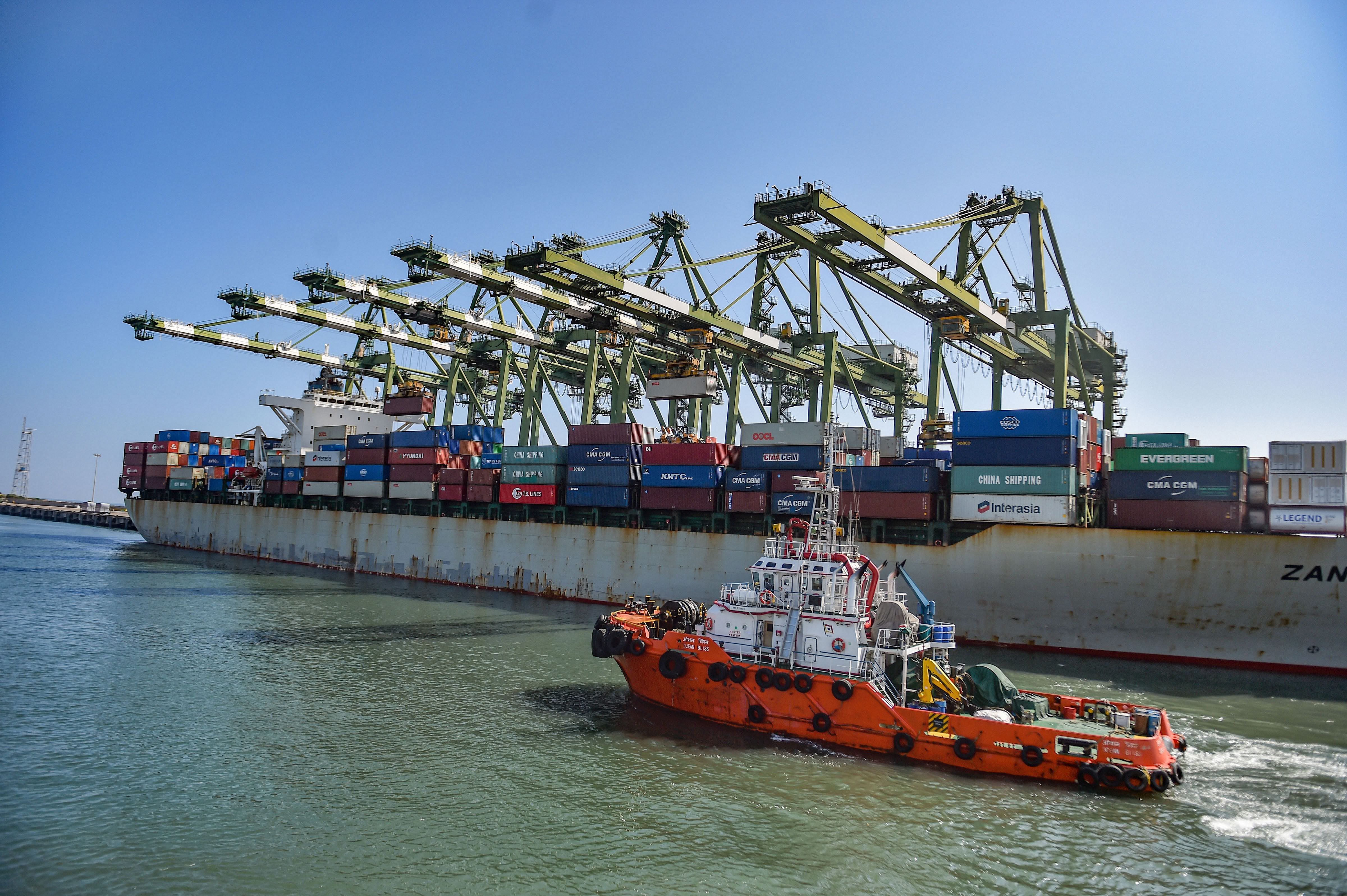 Containers on a ship wait for off-loading at the Chennai Port Trust, in Chennai, Thursday, Jan. 16, 2020. (PTI Photo)