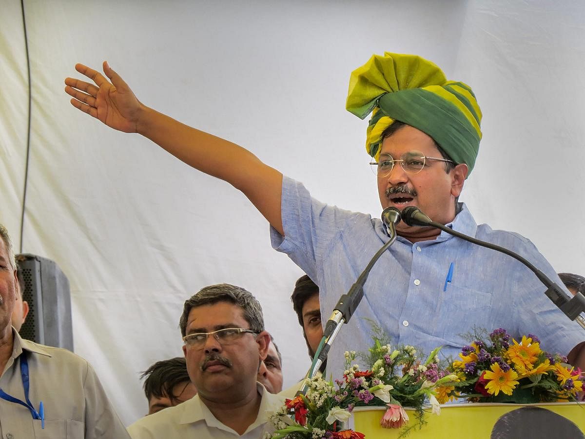 Delhi Chief Minister and Aam Aadmi Party convernor Arvind Kejriwal addresses an election rally for Lok Sabha polls, in Hisar, Tuesday, May 7, 2019. (PTI Photo)
