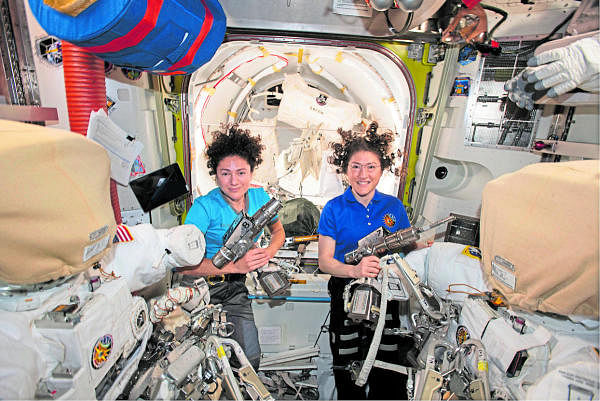 NASA astronauts Jessica Meir, left, and Christina Koch performed the first all-woman spacewalk recently. Photo courtesy: NASA