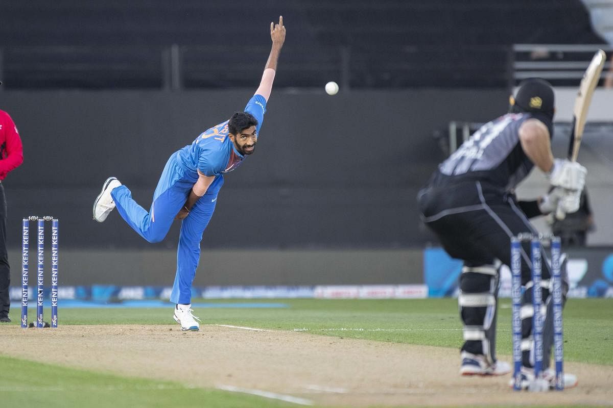 Jasprit Bumrah bowls during the Twenty/20 cricket international. (AP Photo)