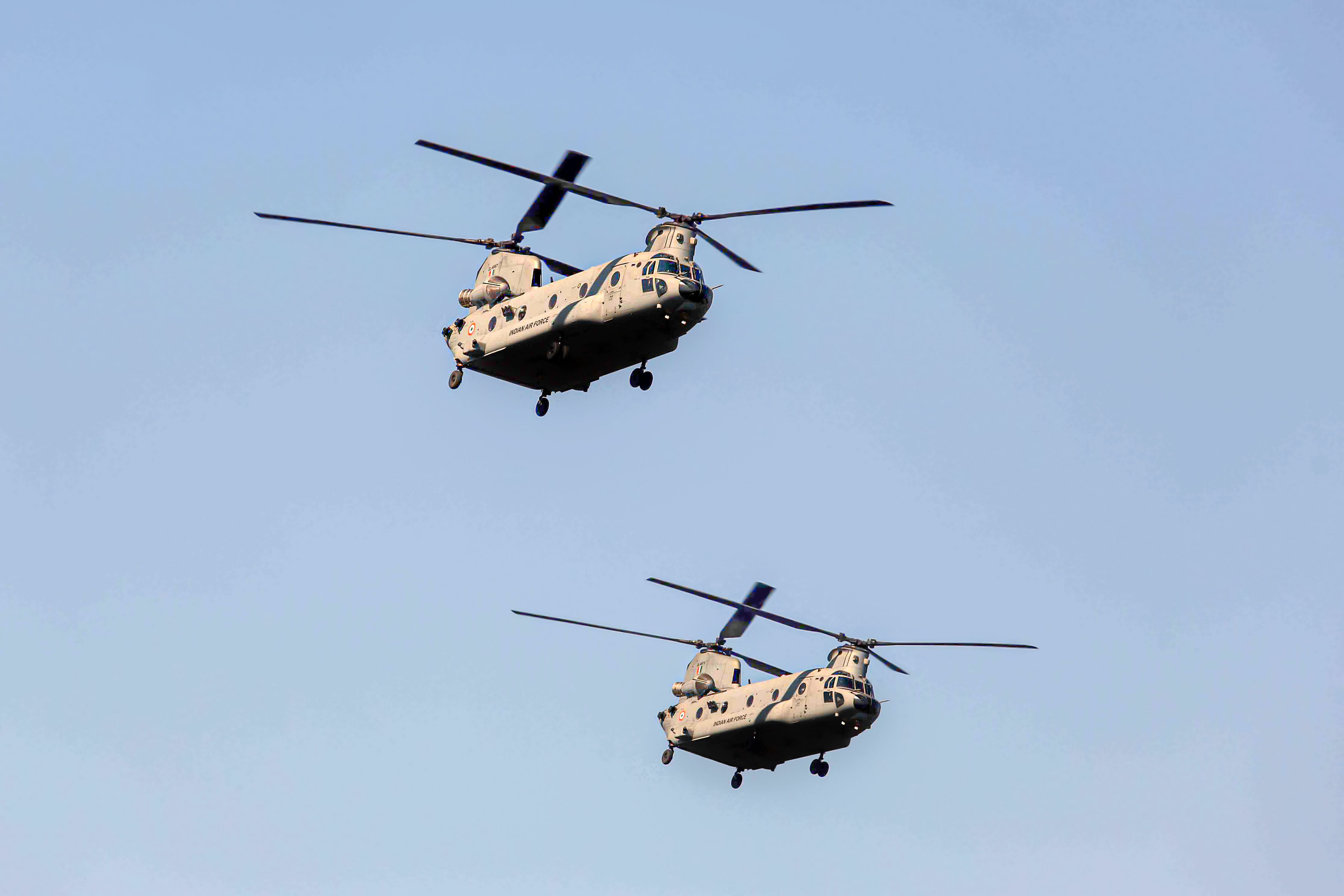 Indian Air Force (IAF) Chinook helicopters flypast during the full dress rehearsal for the upcoming Republic Day Parade. (PTI Photo)