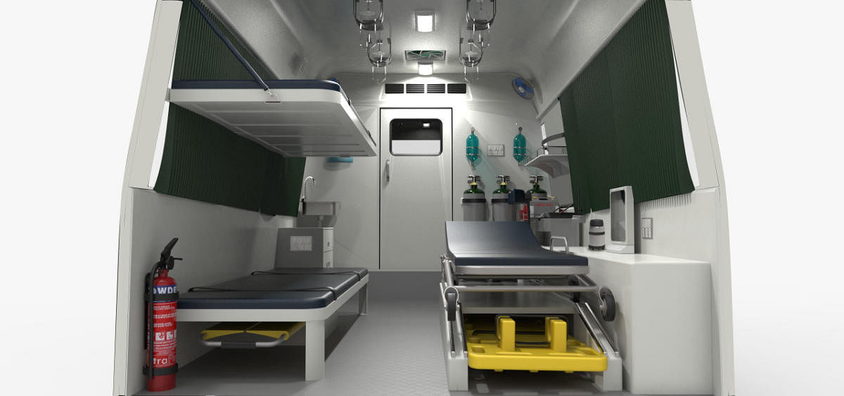 The interiors of the 3-bed ambulance for soldiers, designed by Able Design Engineering Services Private Limited in Hubballi. (Right) Interiors of the single-bed ambulance. DH Photos