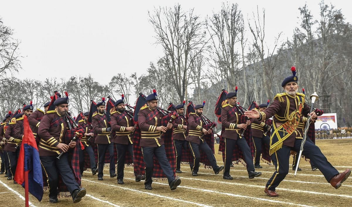Jammu and Kashmir Police band marches past during the 71st Republic Day function at Sher-e-Kashmir Stadium, in Srinagar, Sunday, Jan. 26, 2020. (PTI Photo)