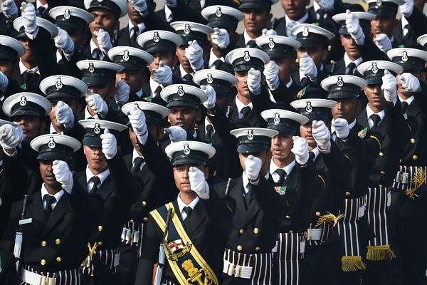 Indian Navy soldiers march along Rajpath during the Republic Day parade in New Delhi on January 26, 2020. (AFP Photo)