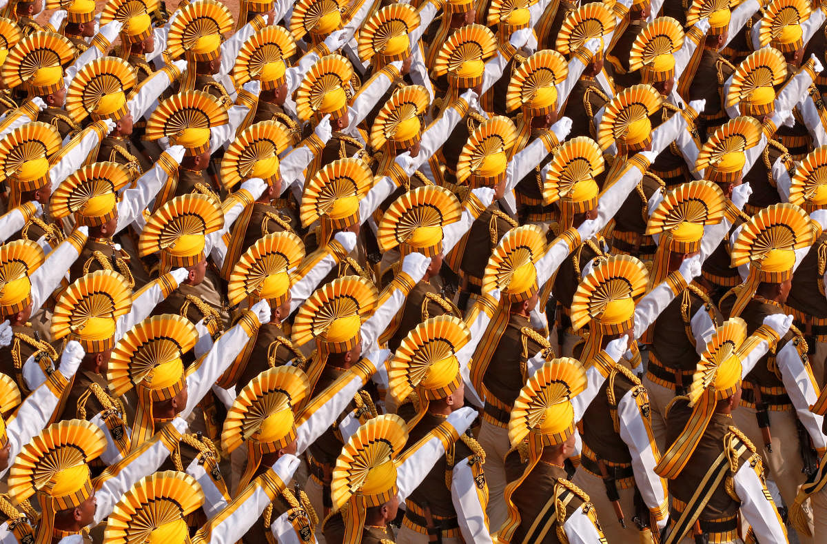 The yellow headgear donning 148-member contingent was led by Deputy Commandant Prabh Simran Singh that paraded the Rajpath on January 26. Credit: Reuters photo