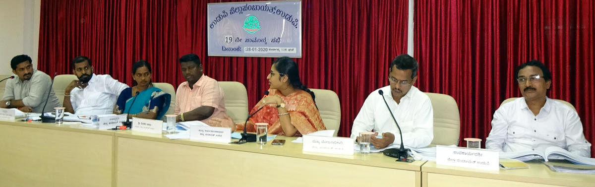 ZP President Dinakar Babu, Vice President Sheela Shetty, CEO Preethi Gehlot and others during ZP meeting in Udupi on Tuesday.