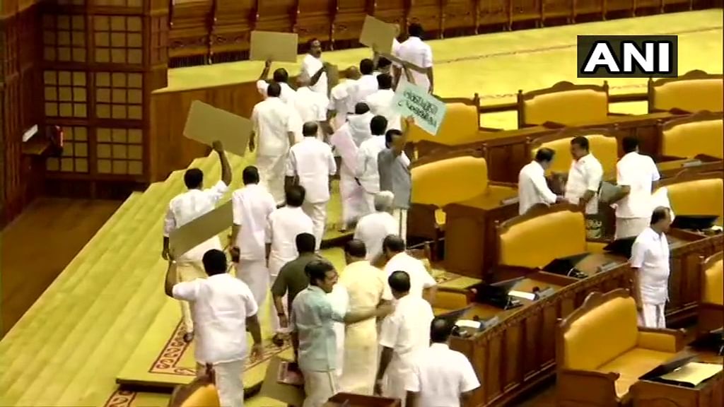 United Democratic Front (UDF) MLAs staged a walk-out from the assembly as Kerala Governor Arif Mohammad Khan began his address. (ANI Photo)