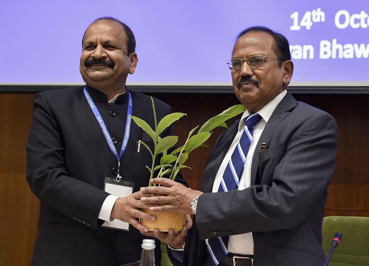 National Security Advisor Ajit Doval being greeted by NIA Director General Yogesh Chander Modi during the National Investigation Agency(NIA)'s national conference of Chiefs of Anti-Terrorism Squad/ Special Task Force, in New Delhi, Monday, Oct. 14, 2019. (PTI Photo)