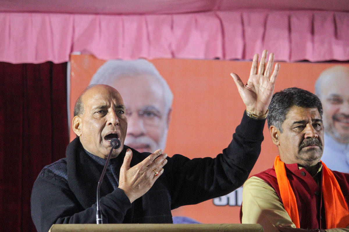 Union Defence Minister Rajnath Singh addresses during a public meeting for the upcoming Delhi Assembly elections at Adarsh Nagar, in New Delhi, Wednesday, Jan. 29, 2020.  Credit: PTI Photo