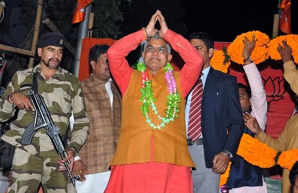 Dilip Ghosh gestures towards party activists during a felicitation programme. (PTI Photo)