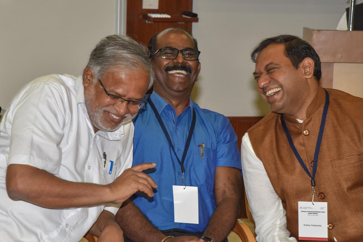Labour Minister S Suresh Kumar, P Manivannan, Secretary, Labour Department, and Sridhar Pabbisetty, Chief Enabler, Centre for Inclusive Governance, at a conclave on construction workers' safety, health and welfare organised by the Labour Department, in as