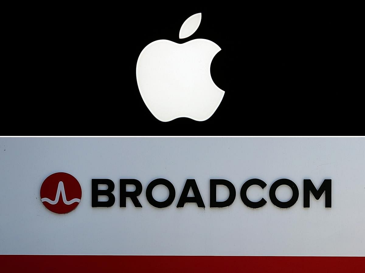 This combination of pictures created on January 29, 2020 shows a picture taken on January 27, 2010 in Paris showing the Apple logo, and signage is displayed outside the Broadcom offices on June 7, 2018 in San Jose, California. (AFP Photo)