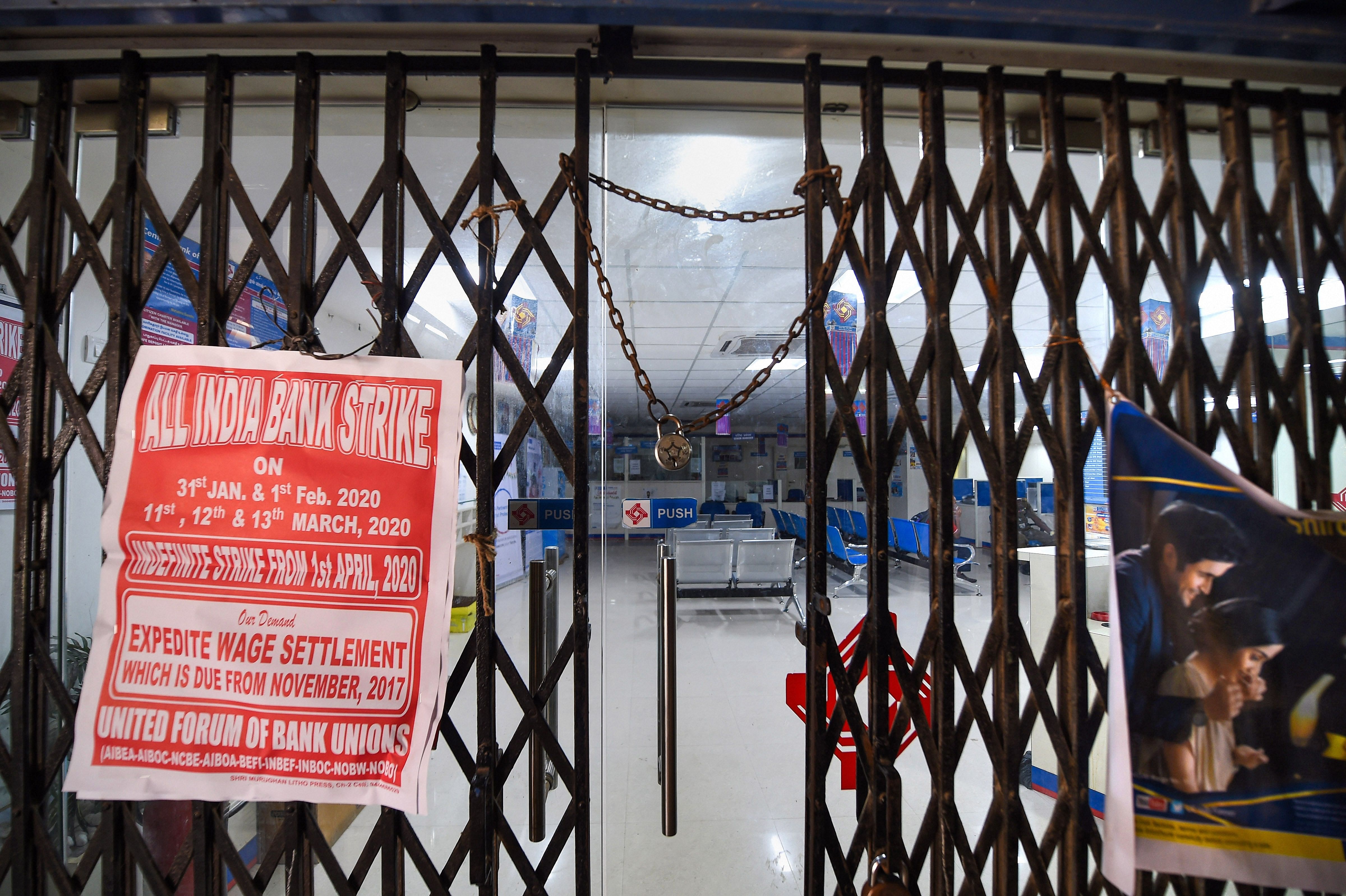 A branch of a nationalised bank remains closed during the bank unions' two-day strike demanding for settlement of their wages, in Chennai, Friday, Jan. 31, 2020. (Credit: PTI Photo)