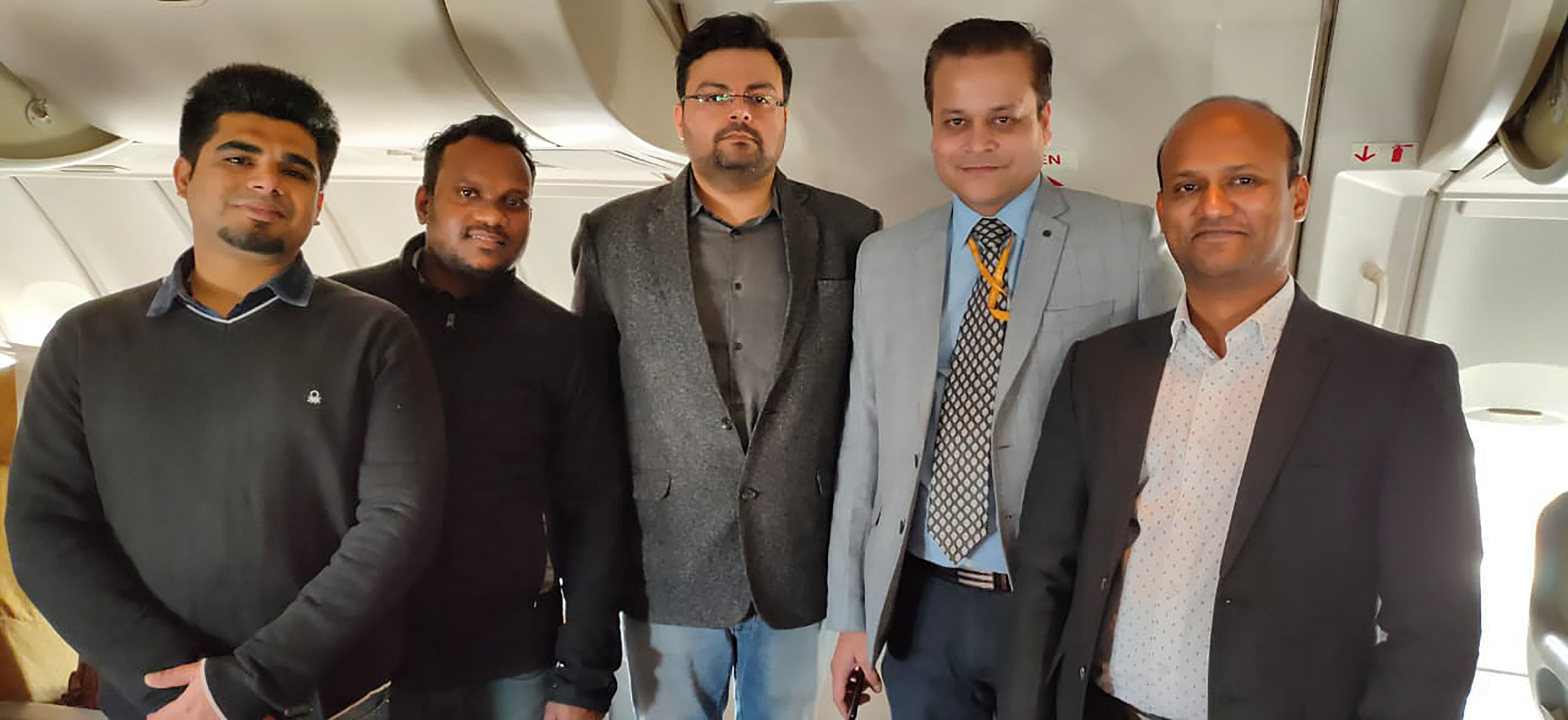 Five doctors of RML hospital inside a B747 aircraft of the Air India at the IGI Airport before its departure for coronavirus-hit city of Wuhan in China to bring back Indians, in New Delhi, Friday, Jan. 31, 2020. (Credit: PTI Photo) 