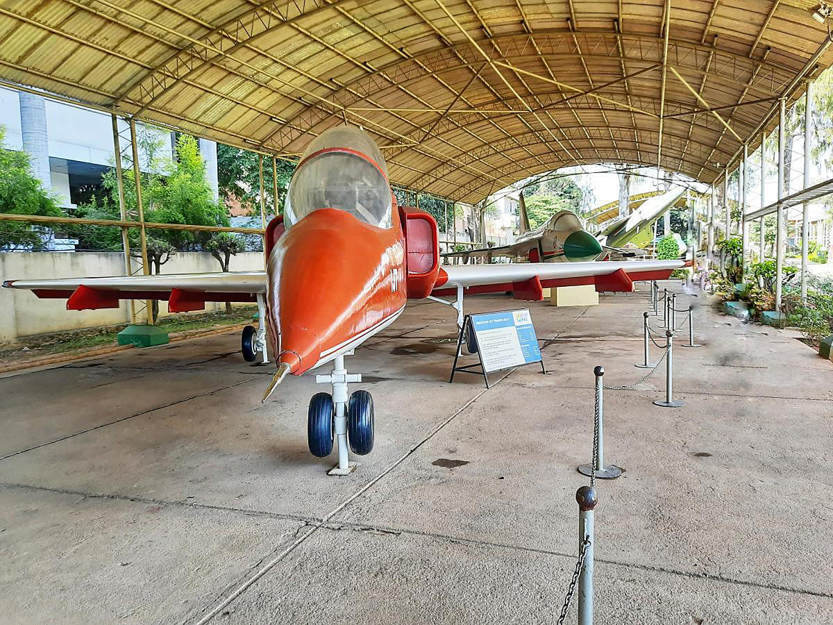 A hall exhibit with a trainer aircraft at HAL Aerospace Museum