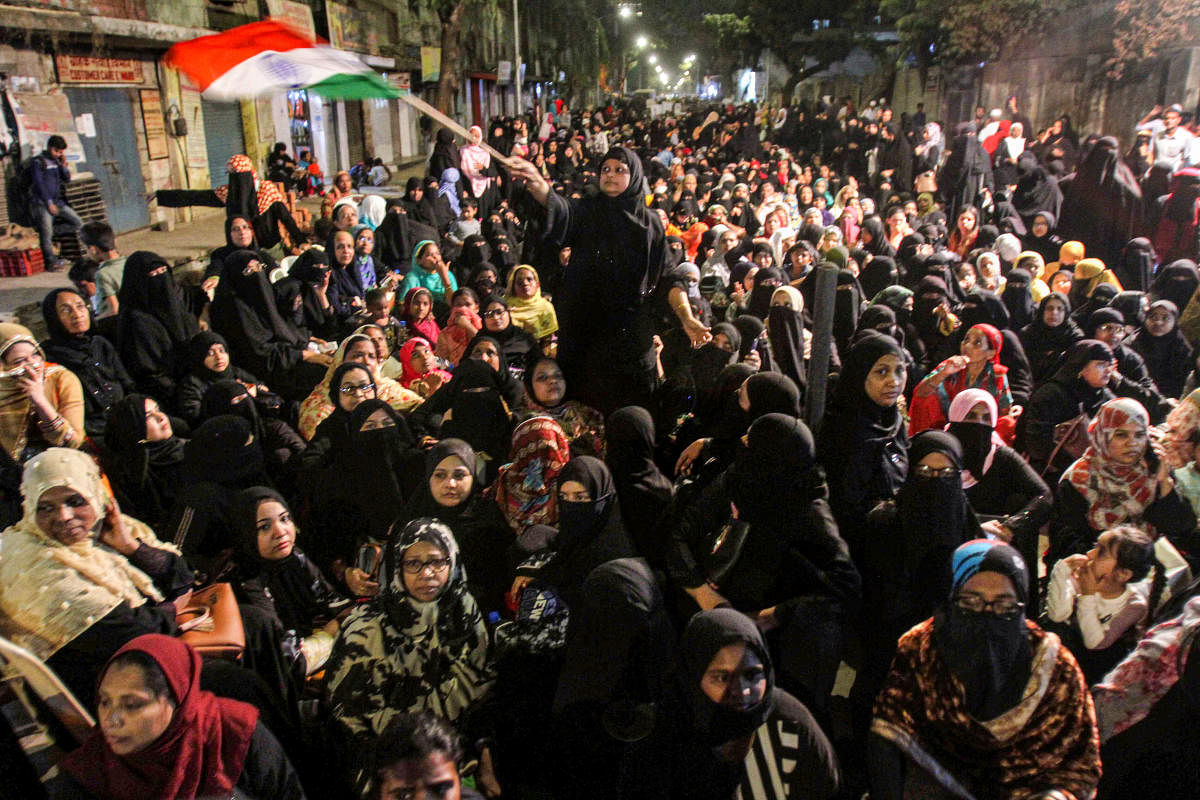 Women participate in a protest against Citizenship Amendment Act, CAA and NRC at Nagpada in Mumbai. (PTI Photo)