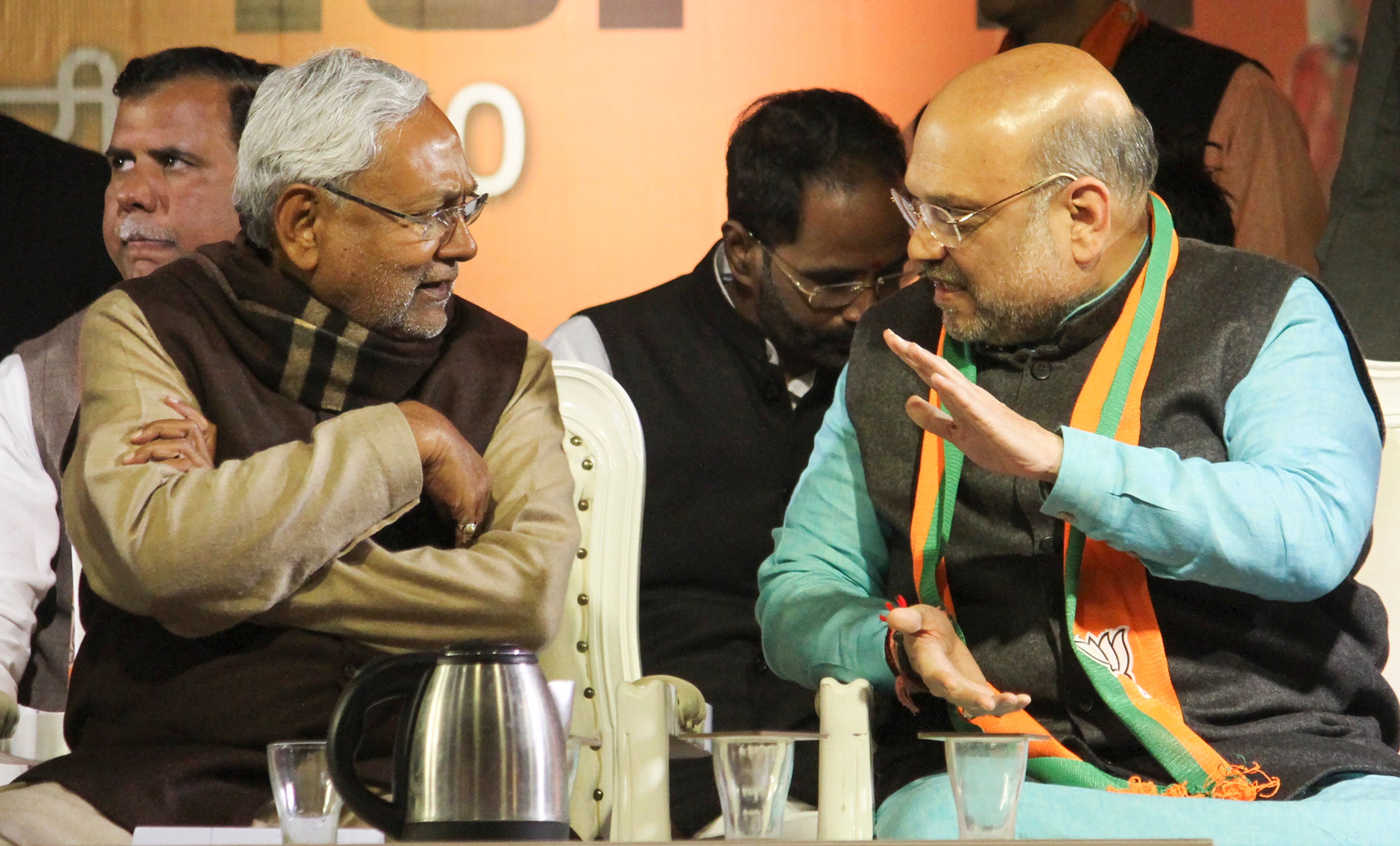  Union Home Minister Amit Shah with Bihar CM Nitish Kumar at an election campaign rally ahead of the forthcoming Delhi Assembly election, at Burari in New Delhi, Sunday, Feb. 2, 2020. (Credit: PTI Photo)
