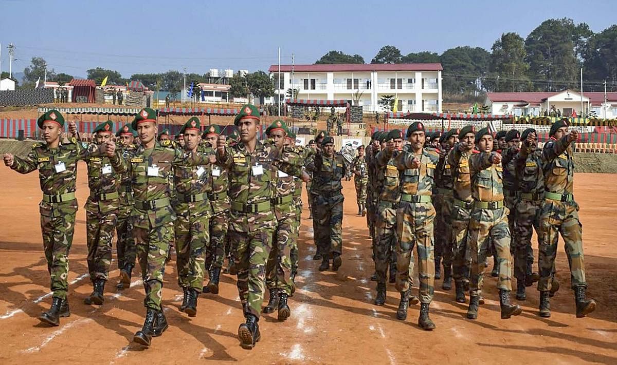 Soldiers of Indian and Bangladesh armies during the ninth edition of Indo-Bangladesh joint military exercise. (PTI Photo)