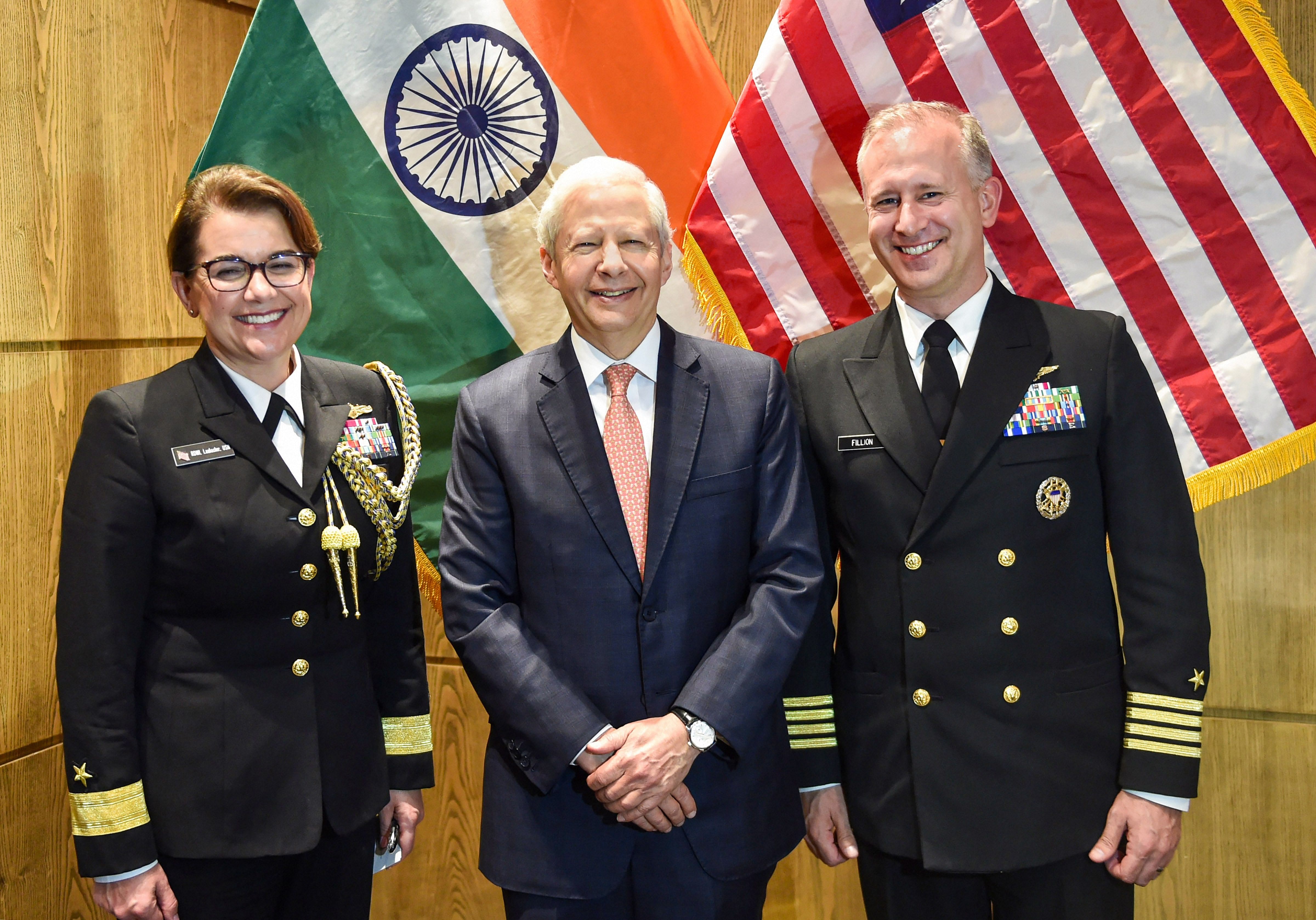 US Ambassador to India Kenneth Juster (c) Chief Office of Defence Cooperation, Captain Daniel E Fillion (R) and Rear Admiral Eileen H. Laubacher pose for photographs during a press conference, in Lucknow, Tuesday, Feb. 4, 2020. (Credit: PTI Photo)