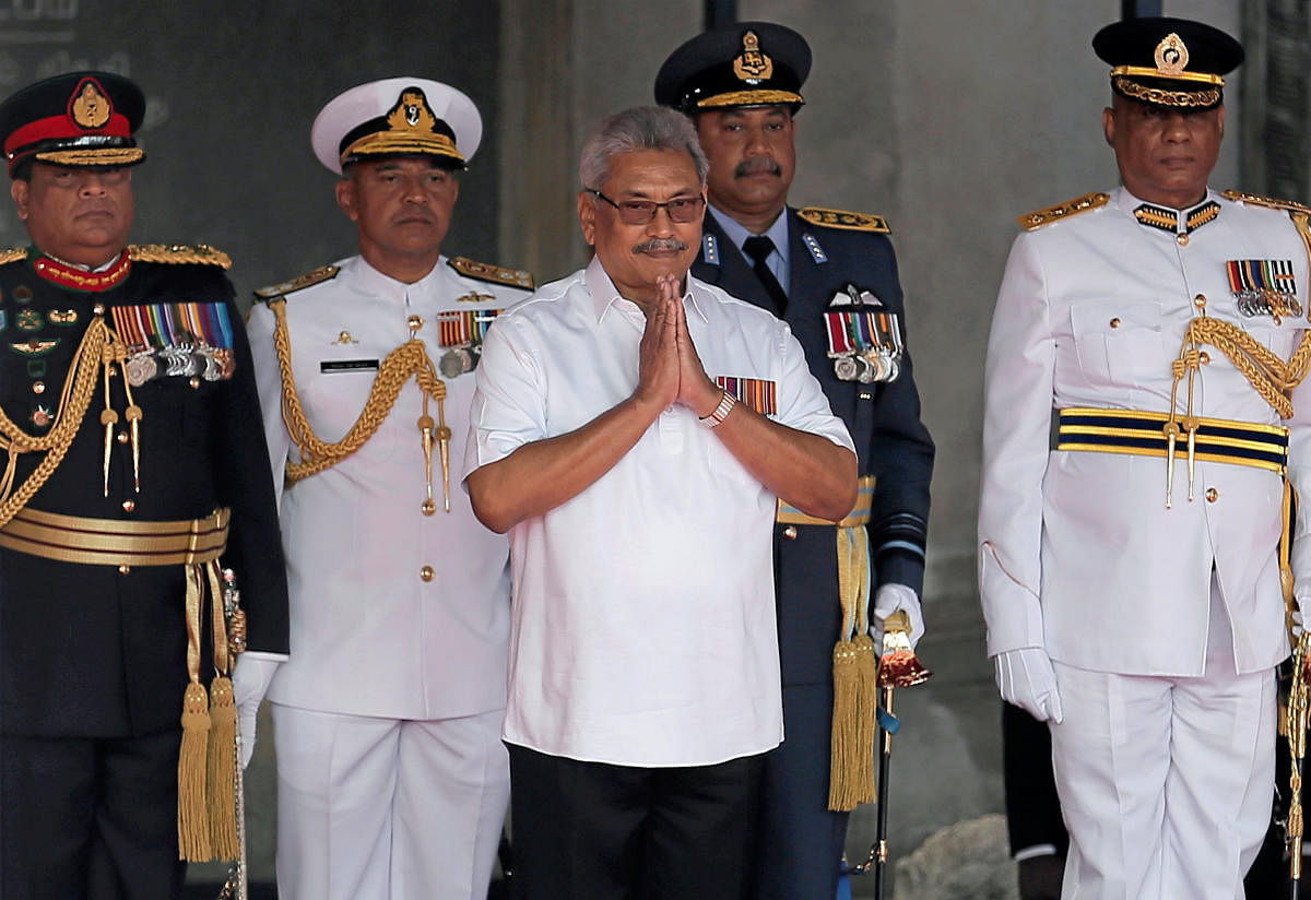 Sri Lanka's President Gotabaya Rajapaksa gestures next to Army Commander Shavendra Silva, Navy Commander Piyal De Silva, Airforce Commander Sumangala Dias and acting Inspector General of Police Chandana Wickramaratne during the 72nd independence day ceremony, in Colombo, Sri Lanka February 4, 2020. (REUTERS Photo)