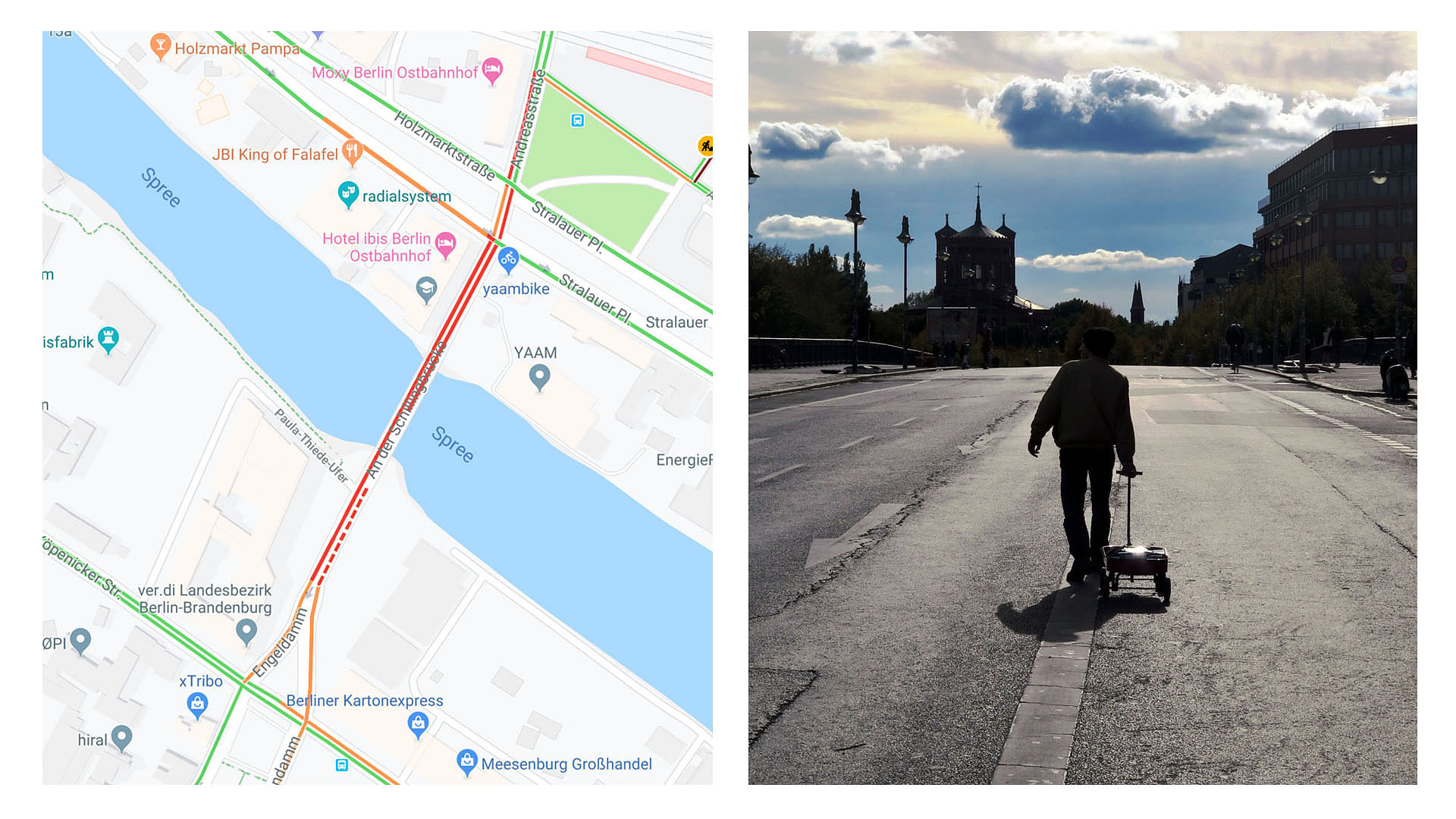 Weckert put 99 phones with Google Maps navigation turned on in a cart and he walked along the empty streets of Berlin. (Photo: Simon Weckert website)