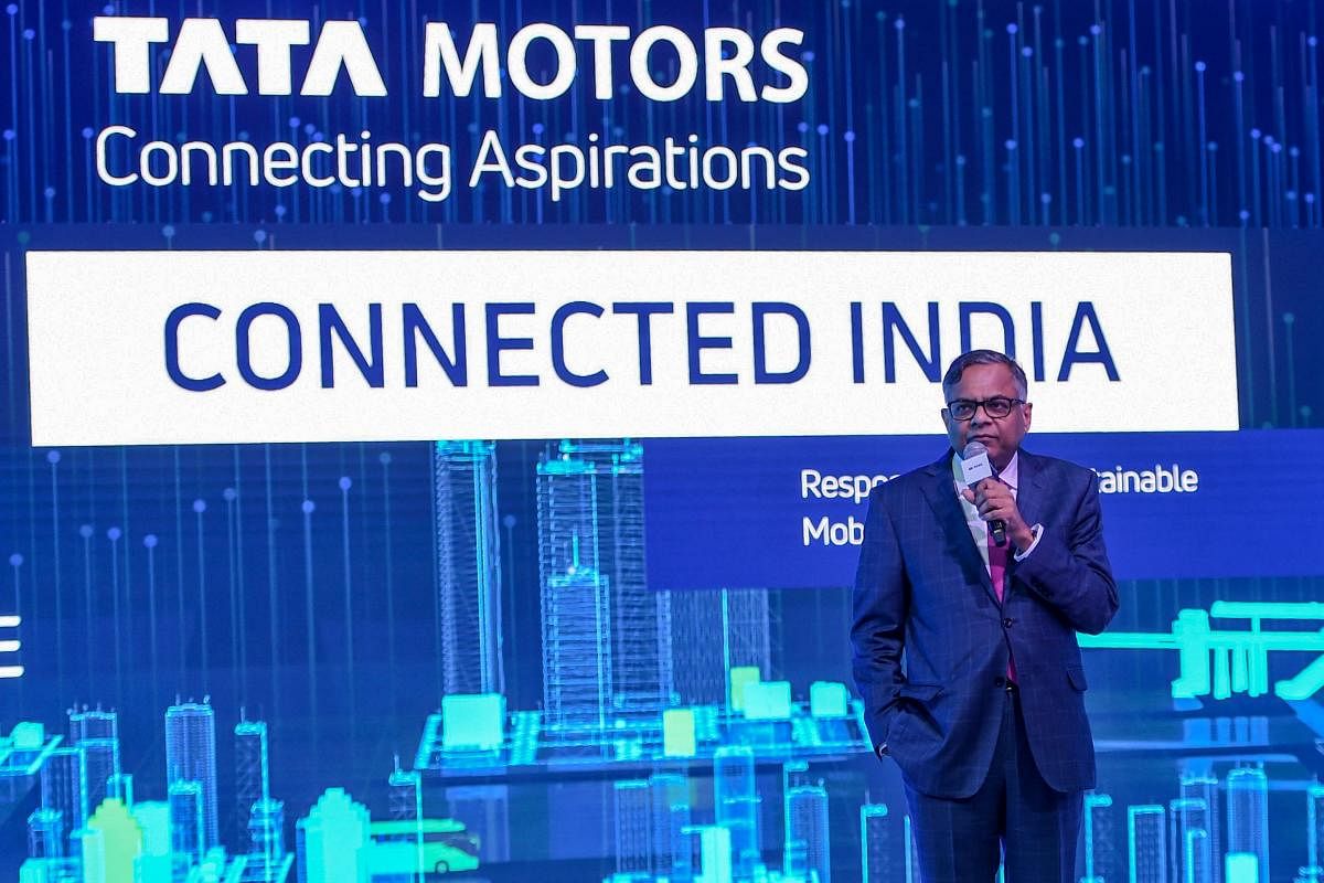Chairman of Tata Sons and Tata Motors, Natarajan Chandrasekaran, speaks during the Auto Expo 2020 at Greater Noida on the outskirts of New Delhi on February 5, 2020. (Photo by Money SHARMA / AFP)
