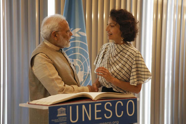 Indian Prime Minister Narendra Modi shakes hands with UNESCO'S Director-General Audrey Azoulay Friday, Aug. 23, 2019 in Paris at the United Nations Educational, Scientific and Cultural Organization (UNESCO) headquarters. (AP/PTI Photo)