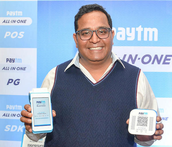 Vijay Shekhar Sharma, Founder & CEO of Paytm seen with All-in-One Android POS device, during the press conference, at hotel The Ritz -Carlton, in Bengaluru on Tuesday. Photo/ B H Shivakumar