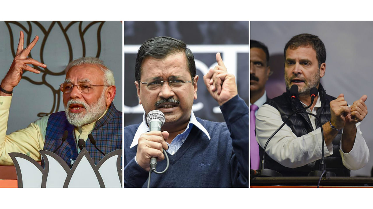 (Left to Right) Prime Minister Narendra Modi, AAP chief and Delhi CM Arvind Kejriwal, Congress leader Rahul Gandhi. (PTI Photos)