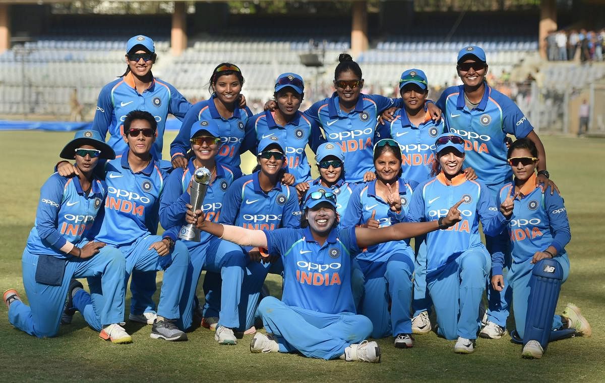 Indian women's cricket team poses for a photograph with the trophy after winning the India-England Women's ODI series, at Wankhede Stadium, in Mumbai, Thursday, Feb. 28, 2019. (PTI Photo)