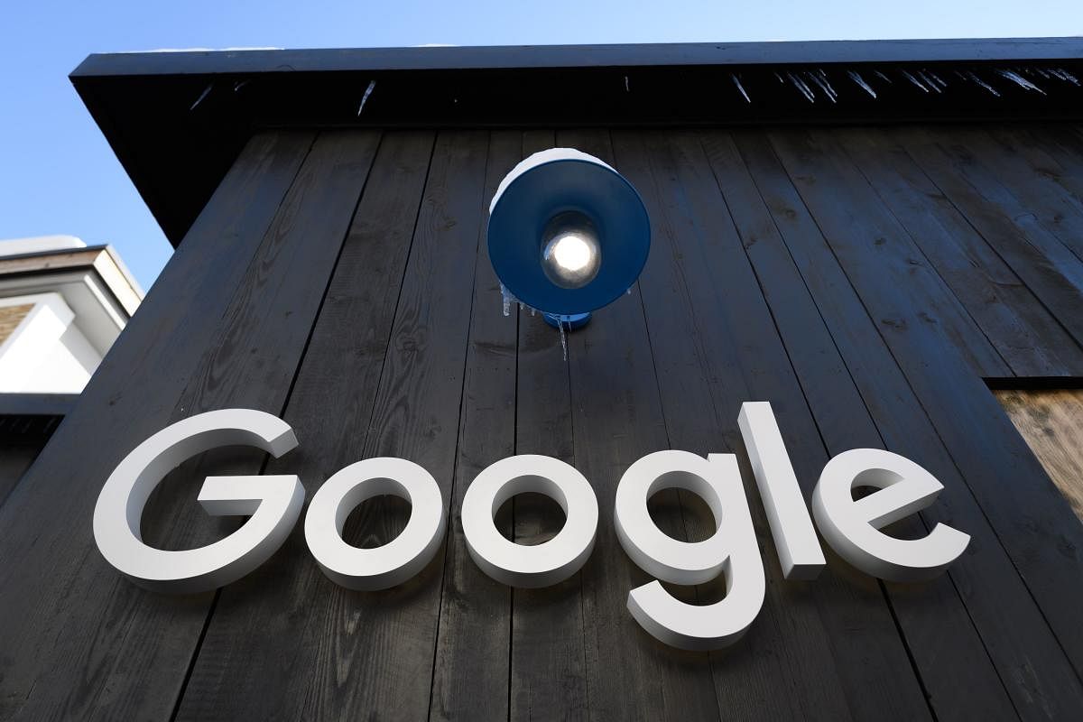 A Google logo is seen on the brand's stand ahead of the annual meeting of the World Economic Forum (WEF) in Davos, on January 20, 2020. (Photo by Fabrice COFFRINI / AFP)