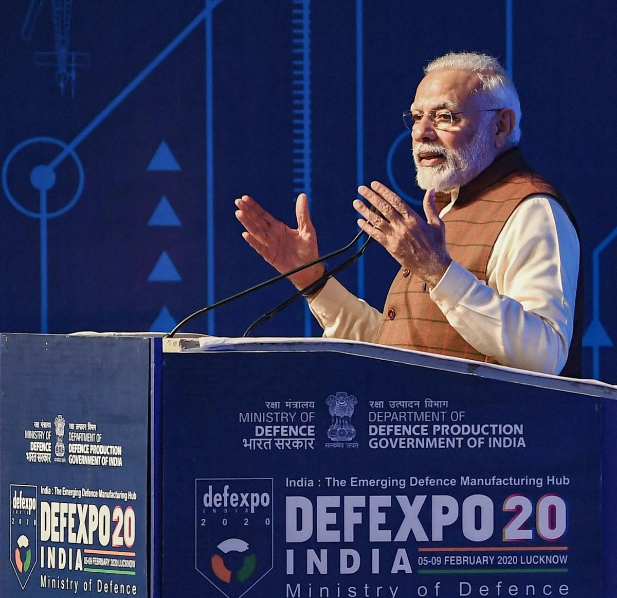 Prime Minister Narendra Modi speaks during the inauguration of 11th edition of DefExpo2020, at Lucknow, Wednesday, Feb. 5, 2020. (PTI Photo)