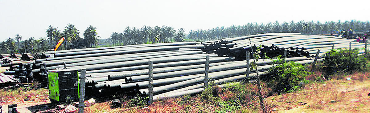 Pipes piled up for the drip irrigation project near Gadihalli in Ajjampura taluk.
