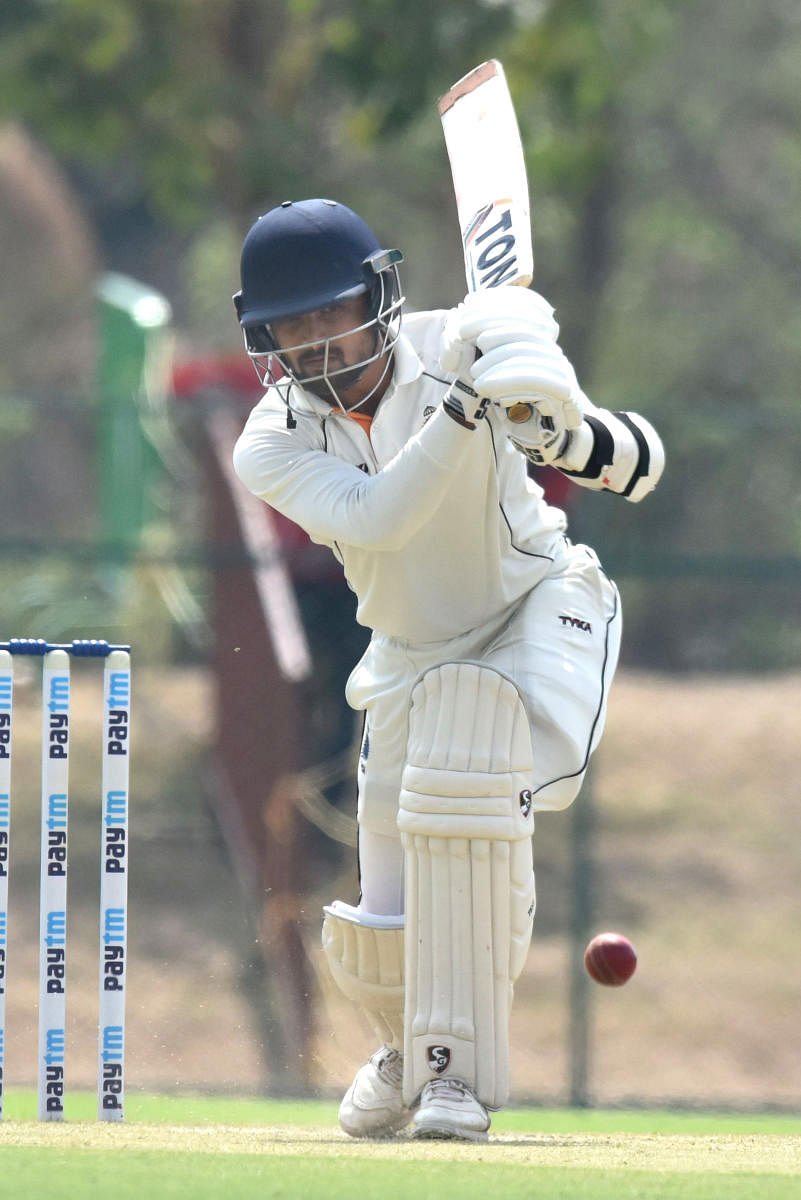 Aditya Srivtsava (108 not out) of Madhya Pradesh Cricket player in action at Karnataka vs Madhya Pradesh Ranji Trophy cricket match at KSCA stadium, Navule in Shivamogga on Thursday. (Photo by S K Dinesh)