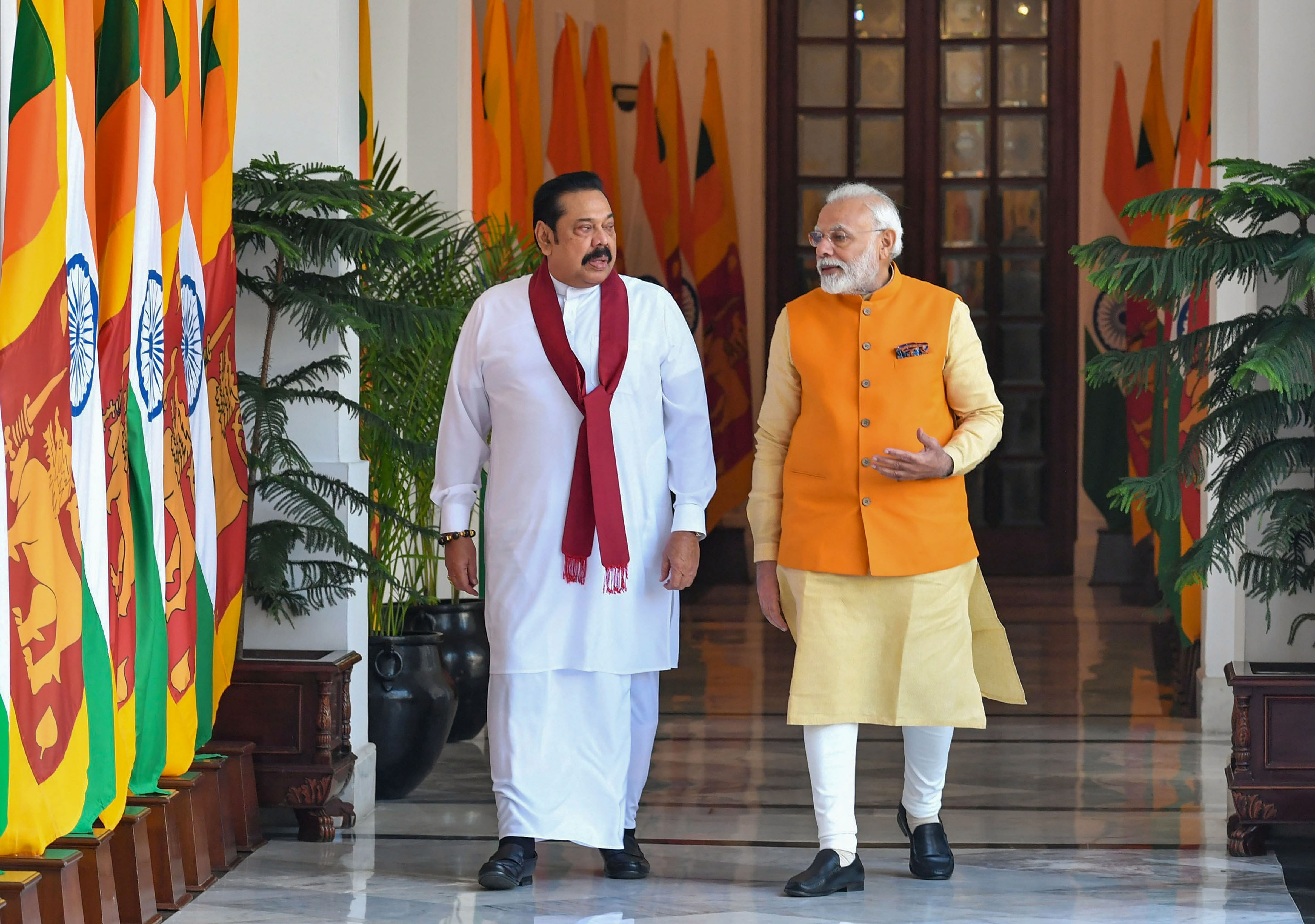 Prime Minister Narendra Modi and the Sri Lankan Prime Minister Mahinda Rajapaksa at Hyderabad House, in New Delhi. (PTI Photo)