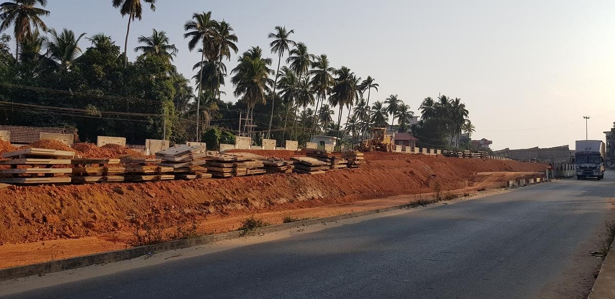 The incomplete work on the flyover at Shastri Circle in Kundapur.