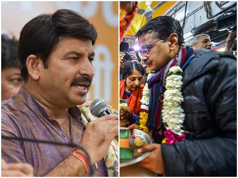 Delhi BJP Chief Manoj Tiwari (left), Kejriwal visiting temple (right) (PTI Photo)