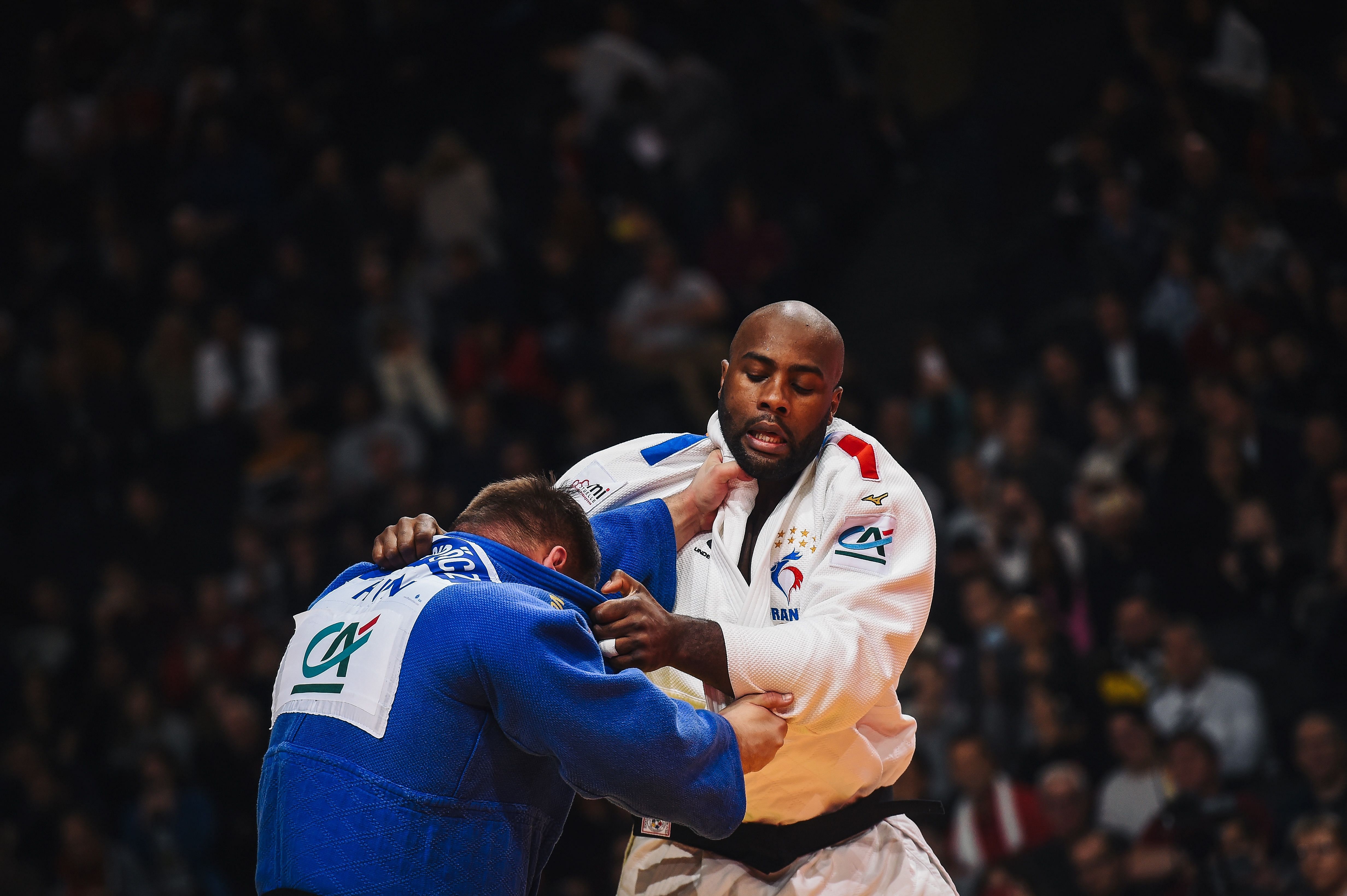 France's Teddy Riner fights against Hungarian Richard Sipocz during a men's over 100 kg category fight at the Judo Paris Grand Slam 2020, in Paris. (AFP Photo)