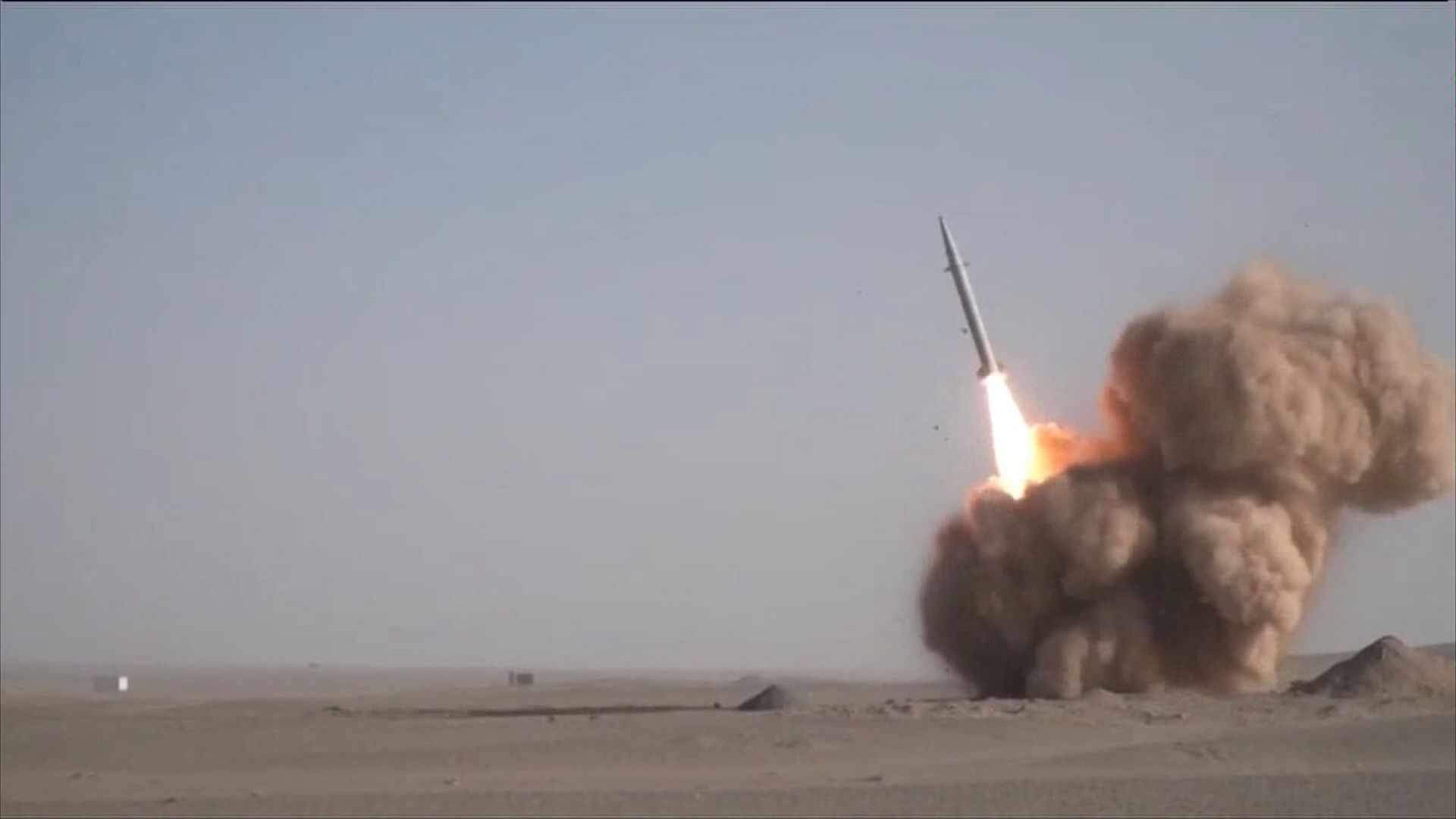 An image grab from footage obtained from the state-run Iran Press news agency on February 9, 2020 shows the launch of the new Raad-500 missile, a short-range ballistic missile by Iran's Islamic Revolutionary Guard Corps (IRGC) that they say can be powered by a "new generation" of engines designed to put satellites into orbit. (AFP Photo)