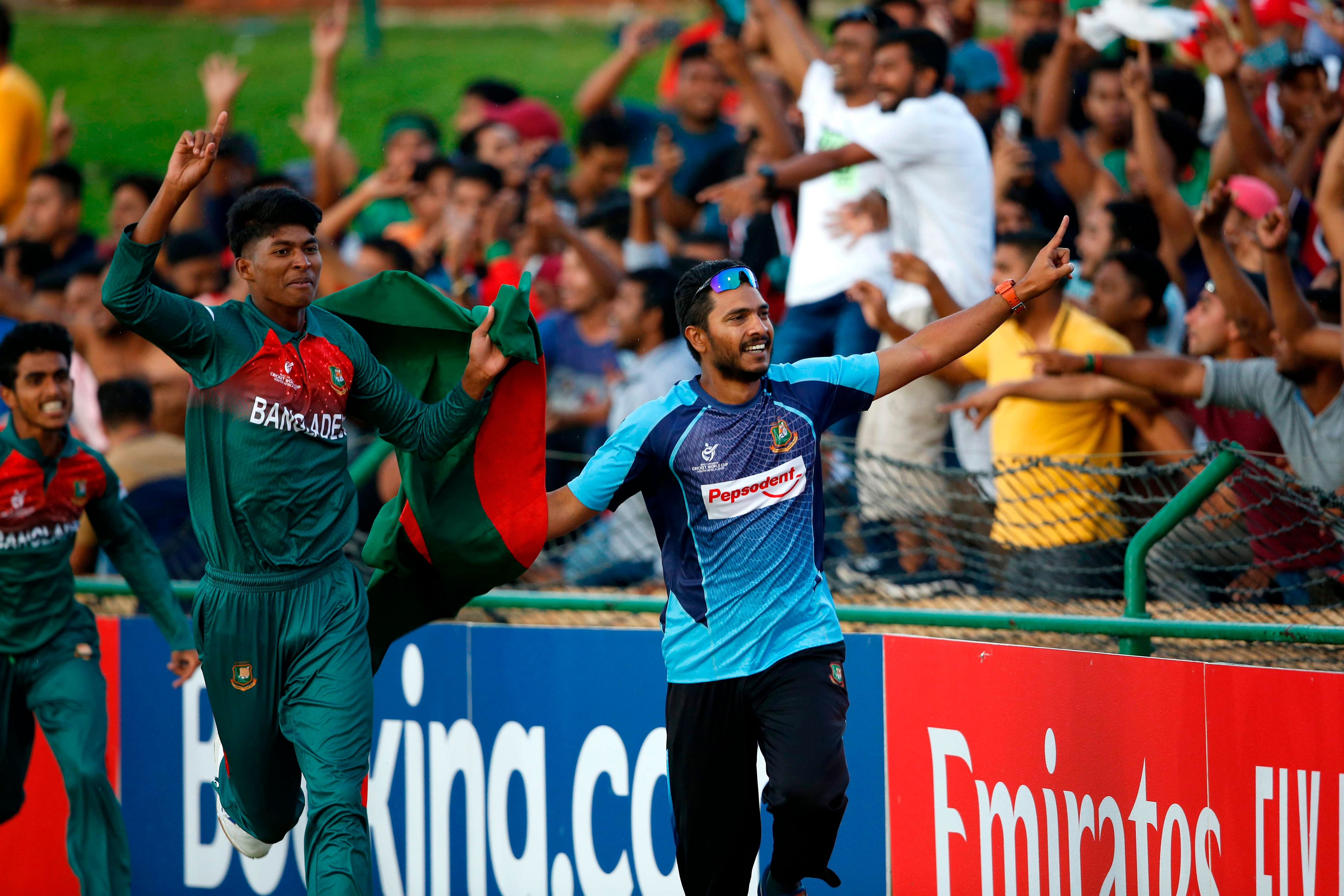 Bangladesh cricket players react after winning the ICC Under-19 World Cup cricket finals between India and Bangladesh at the Senwes Park, in Potchefstroom. (AFP Photo)