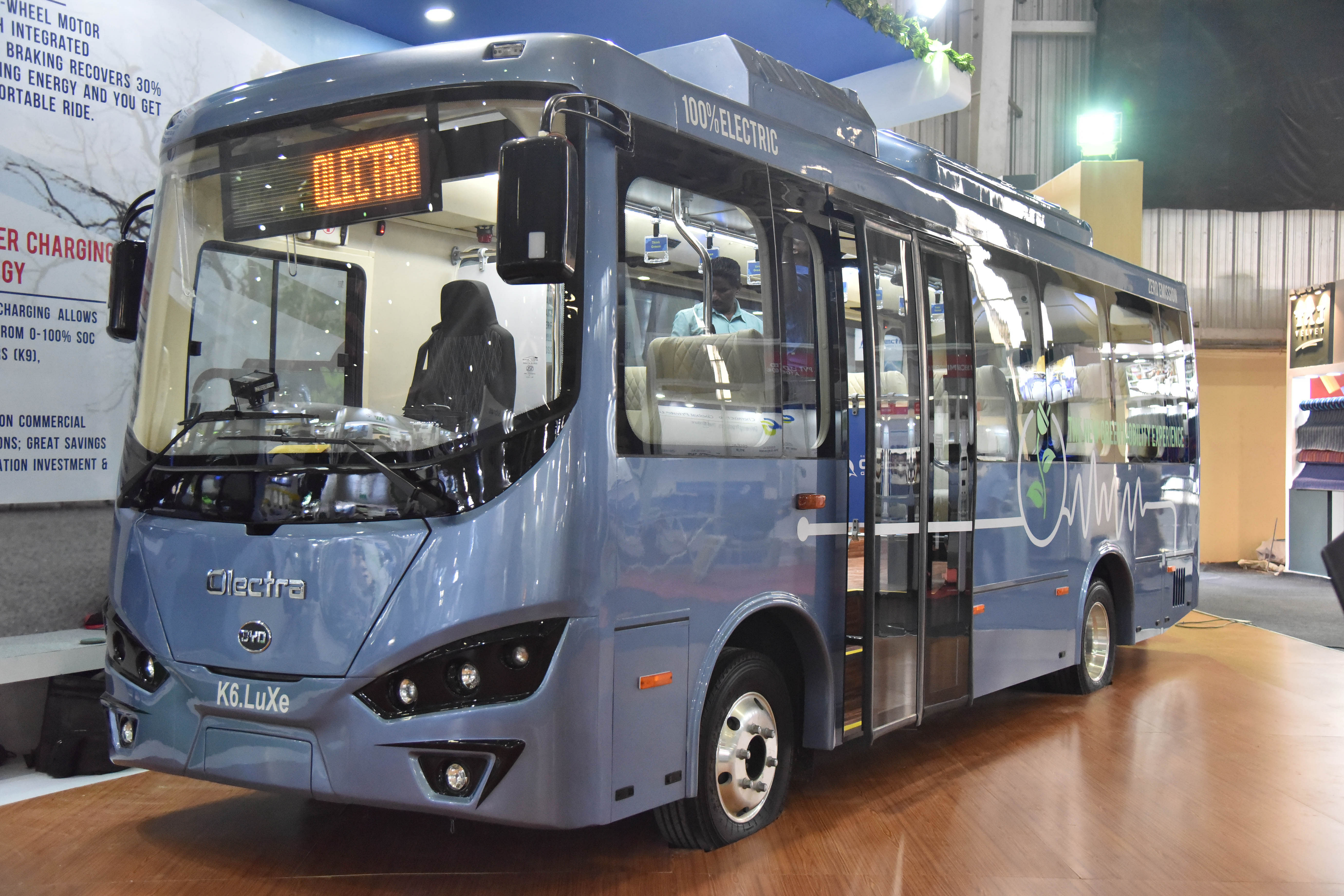 Olectra K6.LUXe electric bus at the inauguration of busworld India Bengaluru 8th edition of b2b organised by busworld at BIEC in Bengaluru. (DH Photo)