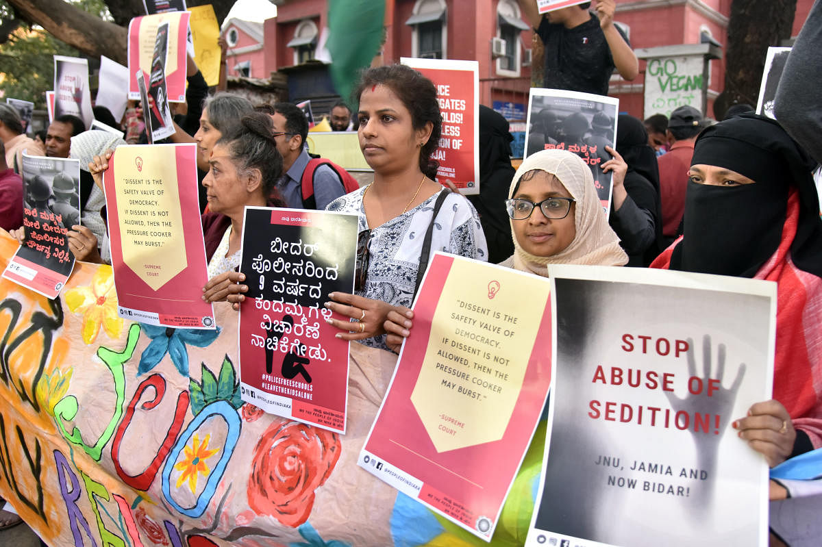 People protested against the Bidar sedition case in Bengaluru recently. dh Photo/ Janardhan B K