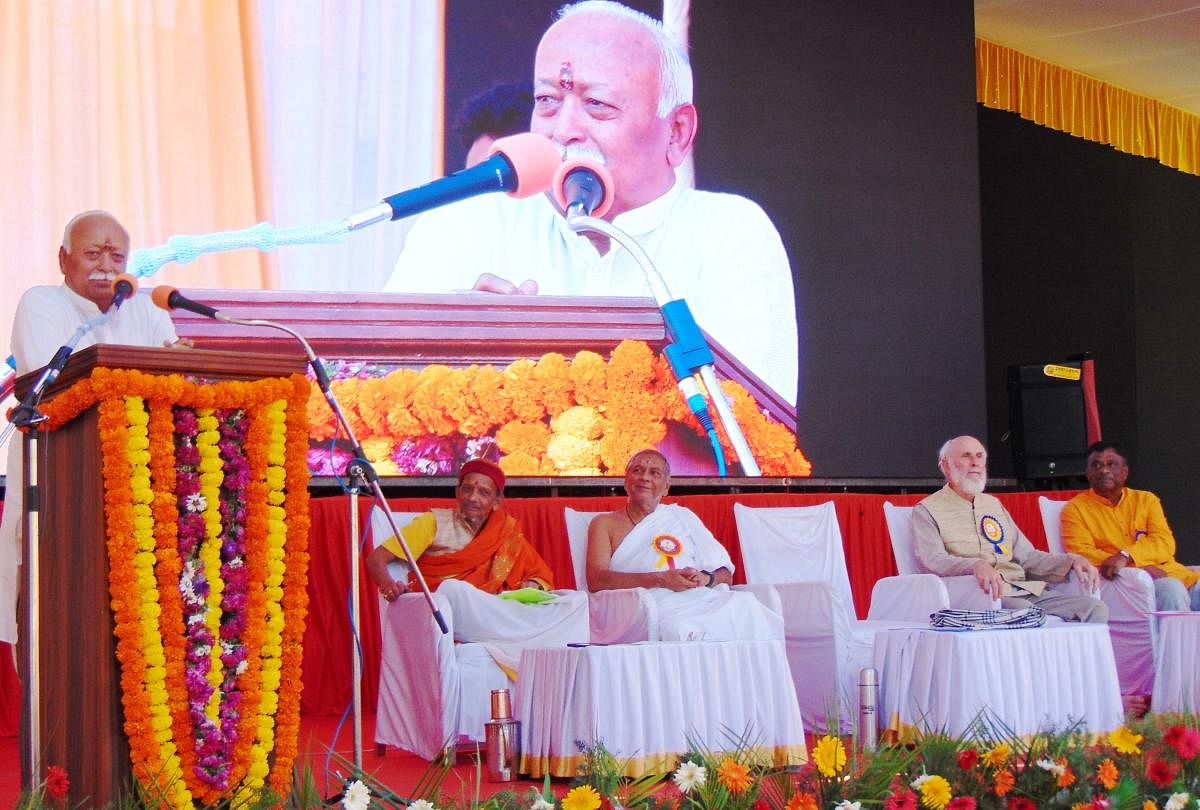 RSS Sarsanghchalak Mohan Bhagwat speaks at the valedictory programme of ‘Ardhamandalotsava’ at Prabodhini Gurukula in Chikkamagaluru on Sunday.